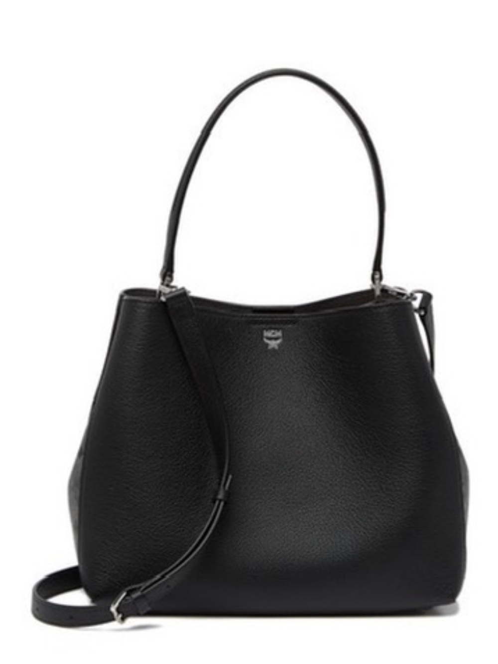 MCM Black Leather Hobo Bag Visetos Monogram Side Panels Crossbody